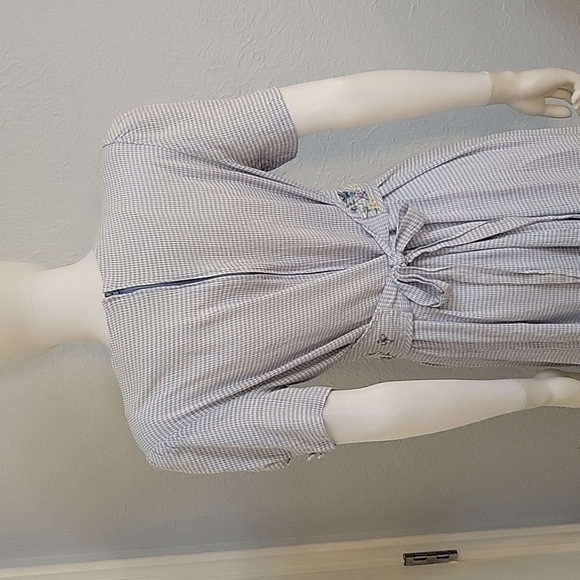 ANOTHER THYME 1980s Icy Blue Floral Gingham Tie Back Coquette Land Girl Dress - Picture 8 of 10